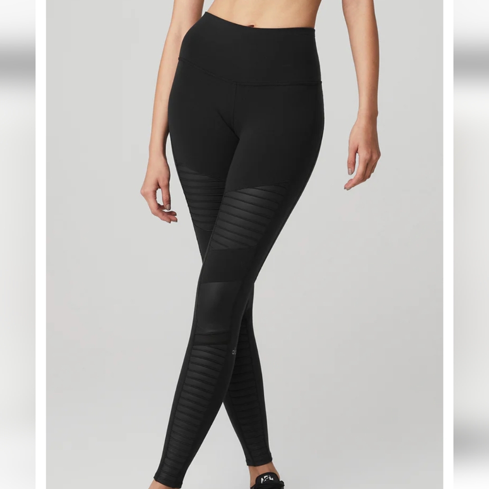 Alo Yoga Hi Waist Moto Legging, XXS Black/Black Glossy